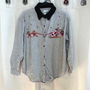Vtg Paul Harris Women Christmas Top Size 1X Santa Embroidered Velvet Neck 17318x